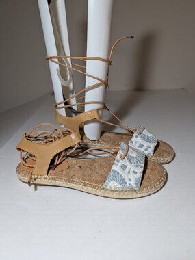 Giani Bini Lace Up Fabric Leather Upper Espadrille Sandals Sz 7 Blue Tan